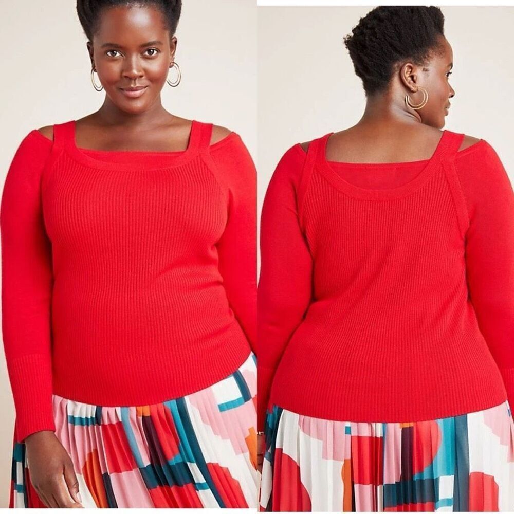 Anthropologie Womens Bright Red Jamie Cold Shoulder Ribbed Sweater Size Medium